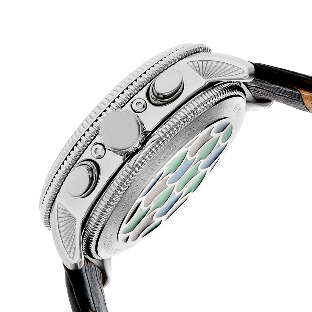 Aura Semi-Skeleton Genuine Leather-Band Watch Silver/Black Multi-colored Dial