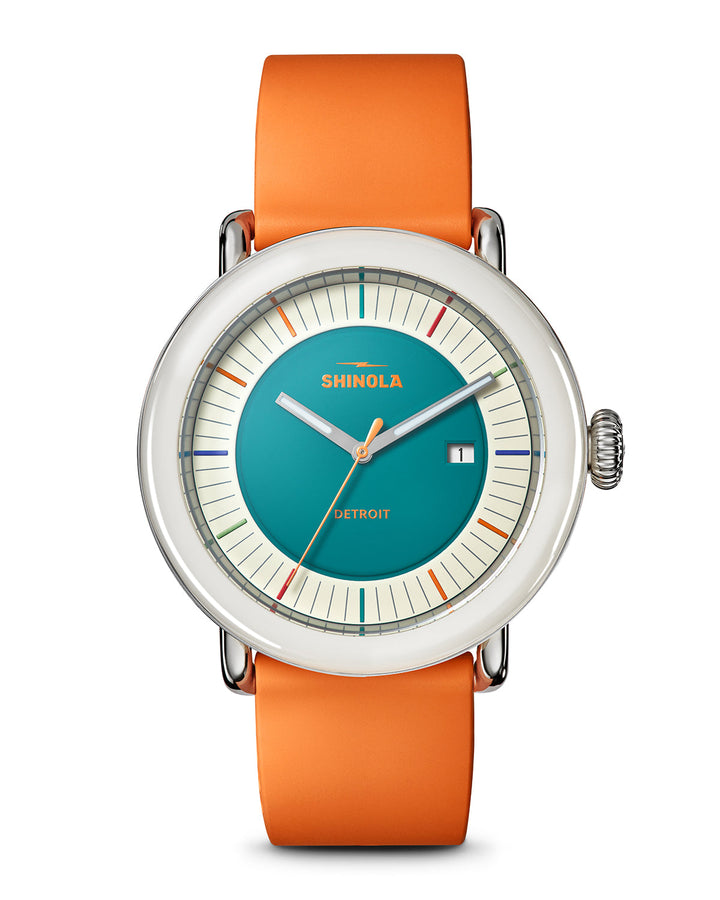 Detrola 3HD 41mm, Orange Rubber Strap AquGrn Aqua Green Dial