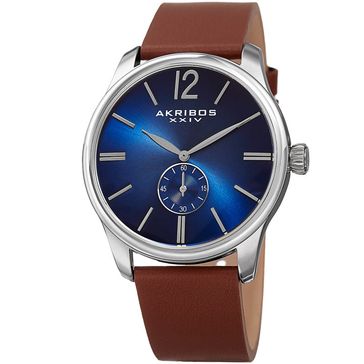 Men's Akribos XXIV AK916SSBU Small Seconds Genuine Brown Leather Strap Watch Blu