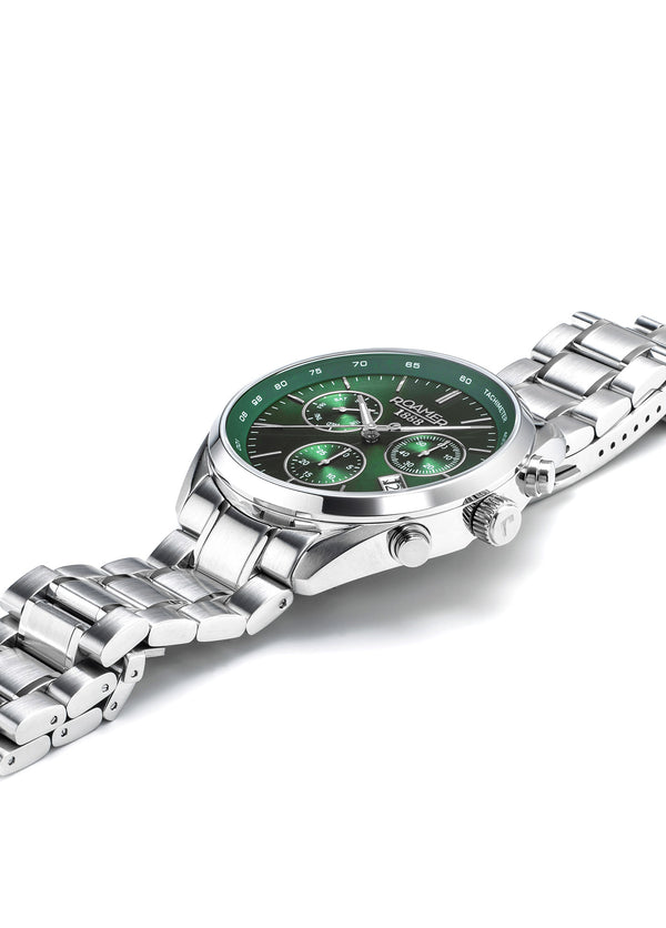 Pro Chrono Green sunray chronograph dial, stainless steel bracelet. Green Dial