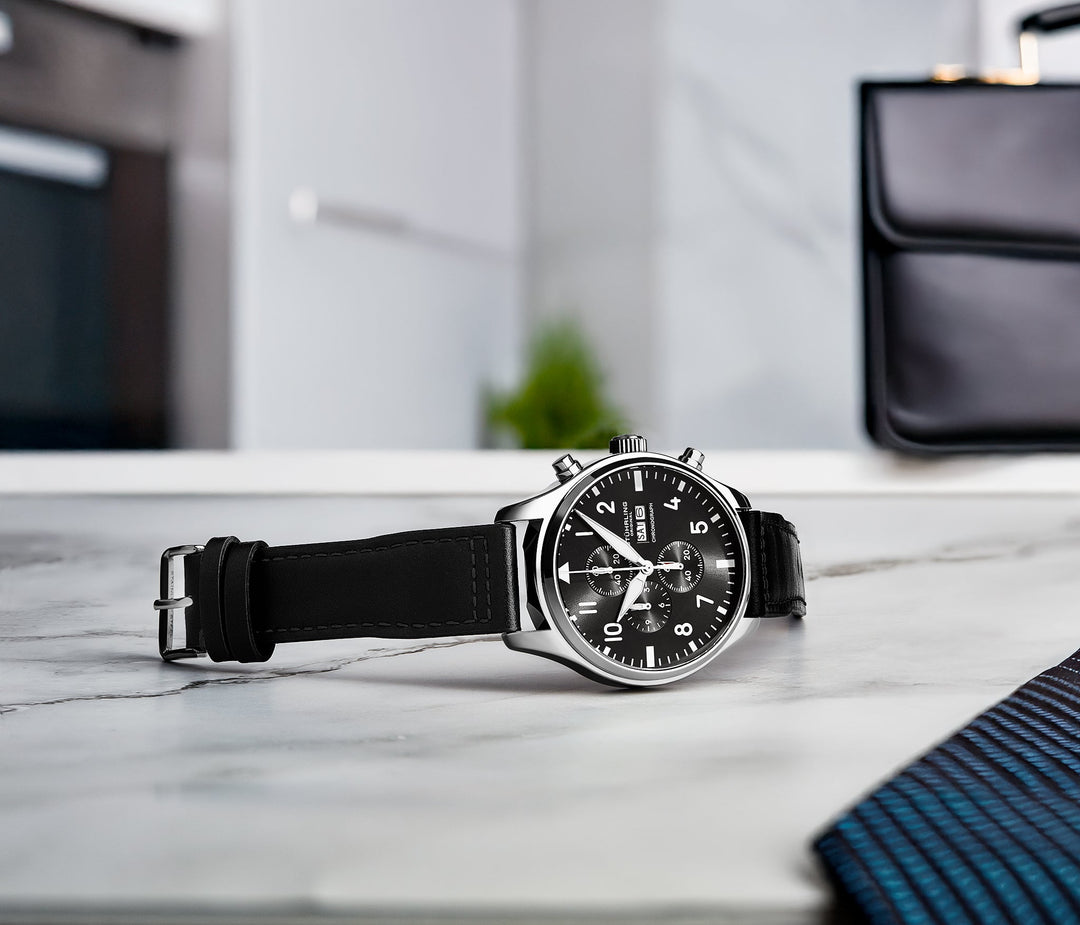 Navigator Chrono Jet Black Sunray Dial/Black Leather Strap | Black Dial