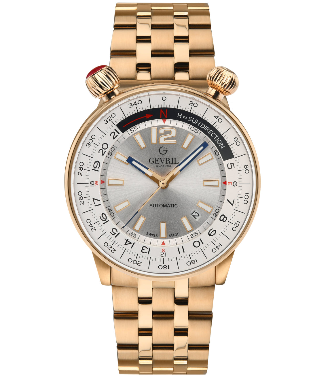 Wallabout Gevril Swiss Made Automatic Solar compass  Rose Gold tone watch | Silv