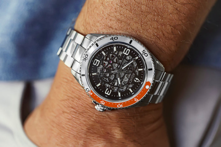 Automatic Miyota Movement Skeleton Silver/Orange | Black Dial