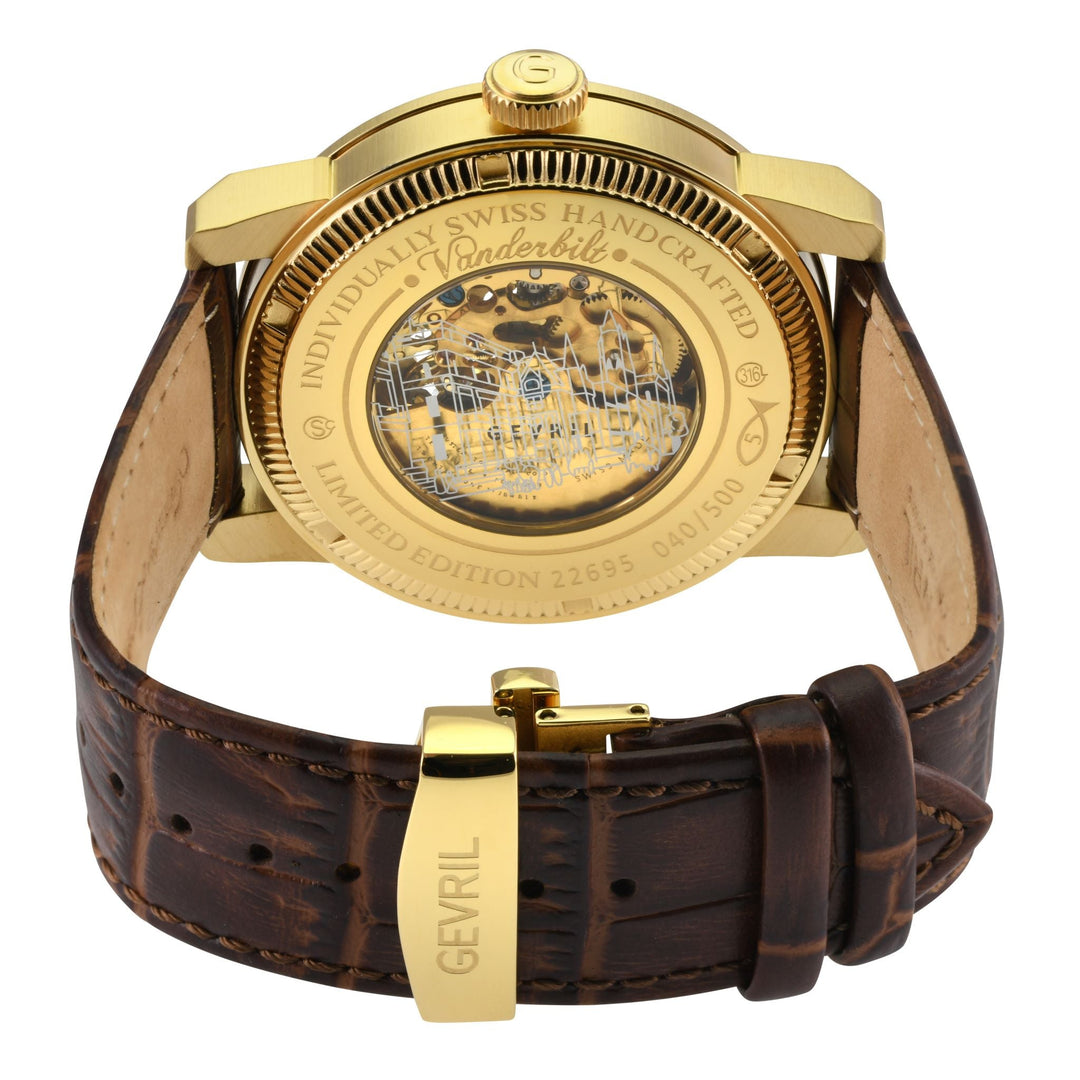 Vanderbilt Swiss Automatic Skeleton IP Gold/Silver,Brown  band Silver Dial