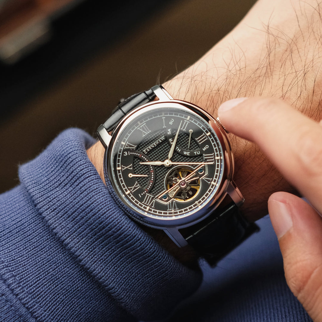 Heritage Longcase Double Retrograde Calendar Open Heart Automatic Black / Genuin