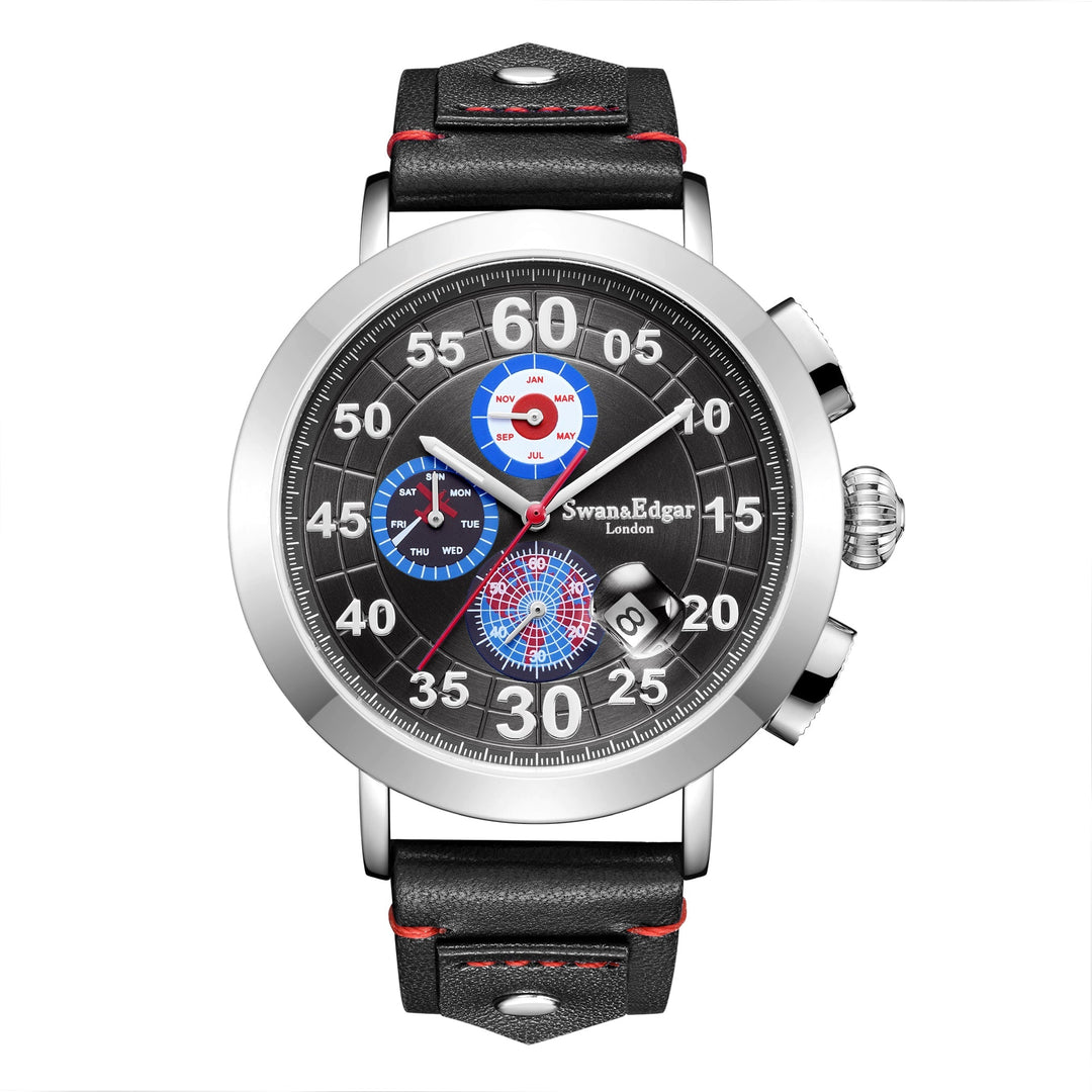 Flight Automatic Black Dial / Black Leather Strap With Aviation-Style Stud Detai