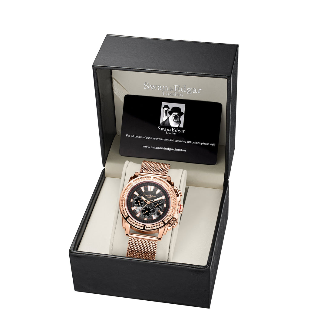 Noble Automatic Black Dial Rose Gold Stainless Steel Bracelet Rose Gold Case 45m