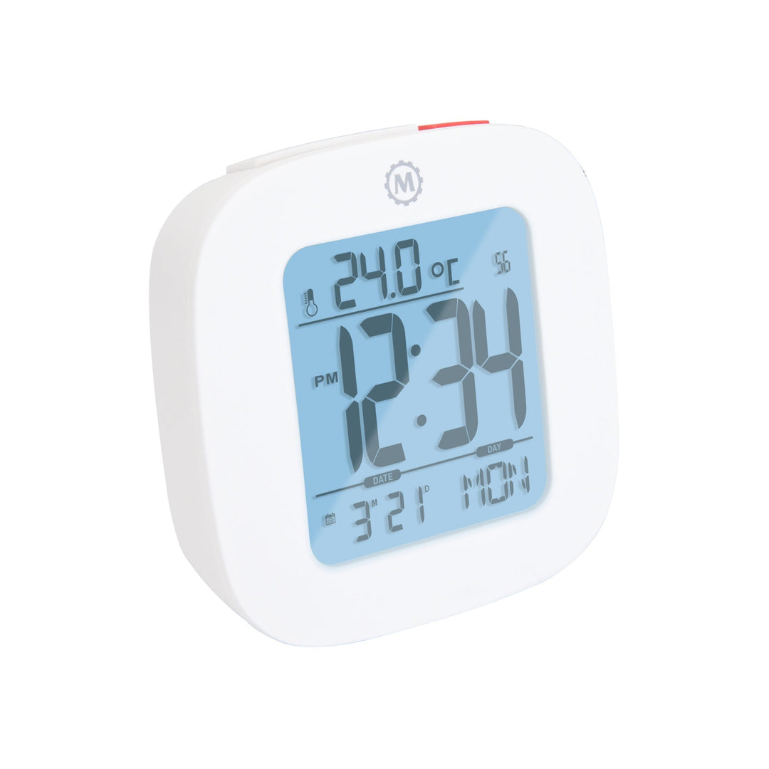 Compact Alarm Clock with Temperature and Date Clock, LCD, Alarm, Mini, White (25