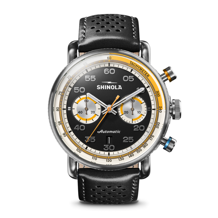 Canfield Speedway Open Road Automatic Chronograph Watch Black Dial / Black Leath