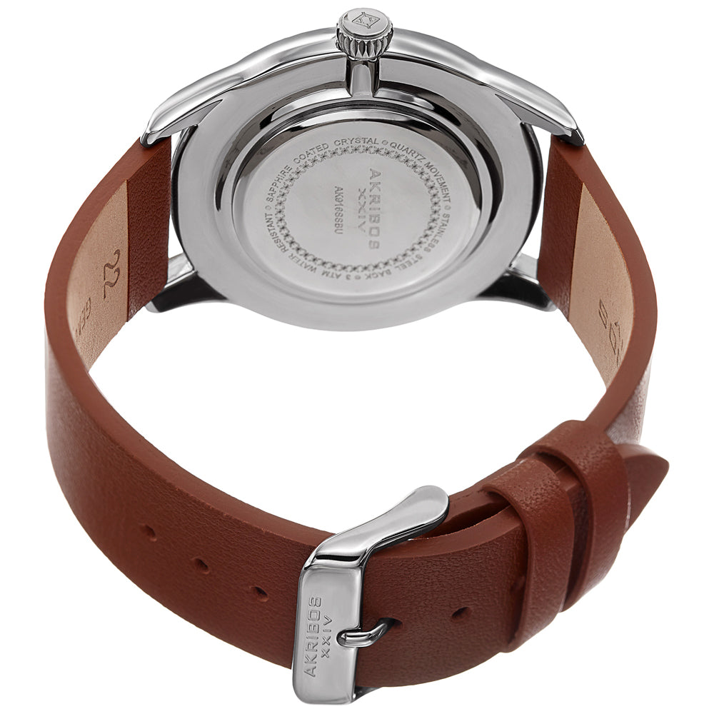 Men's Akribos XXIV AK916SSBU Small Seconds Genuine Brown Leather Strap Watch Blu