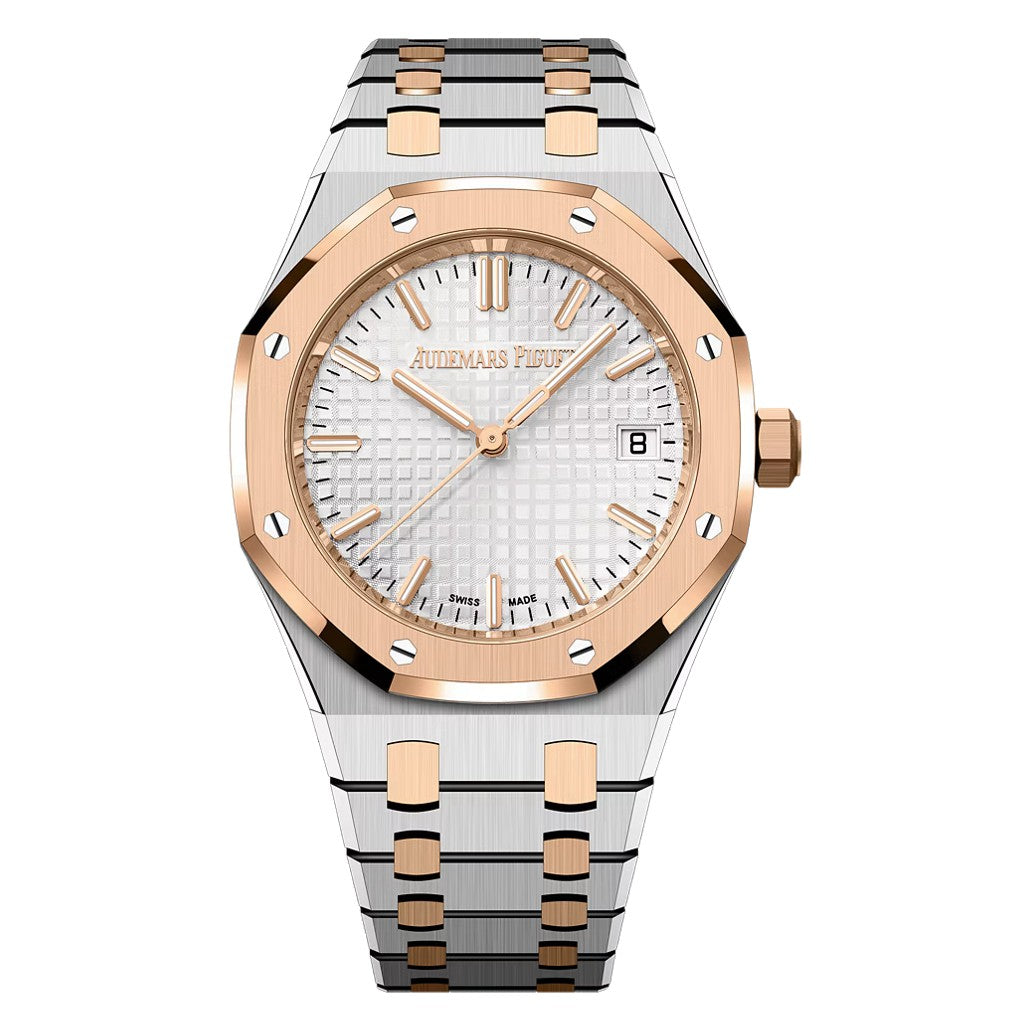 Audemars Piguet ROYAL OAK 34MM SILVER DIAL TWO TONE STAINLESS STEEL AND 18K PINK GOLD BEZEL 50TH ANNIVERSARY 77450SR.OO.1361SR.01 LADIES WATCH