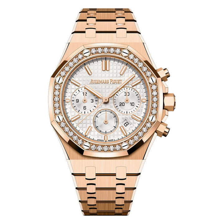 Audemars Piguet ROYAL OAK 38MM SILVER DIAL 18K PINK GOLD WITH DIAMOND BEZEL CHRONOGRAPH Ref. 26715OR.ZZ.1356OR.01 MENS WATCH