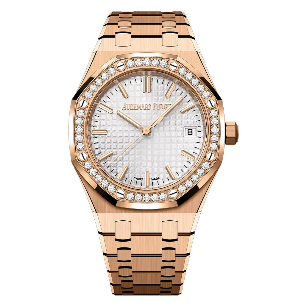 Audemars Piguet ROYAL OAK 34MM SILVER DIAL 18K PINK GOLD WITH DIAMOND BEZEL Ref. 77451OR.ZZ.1361OR.01 LADIES WATCH