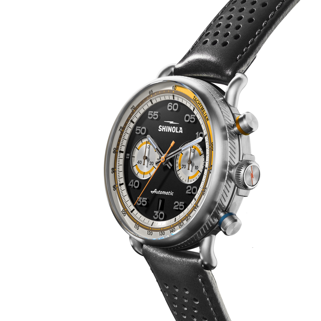 Canfield Speedway Open Road Automatic Chronograph Watch Black Dial / Black Leath