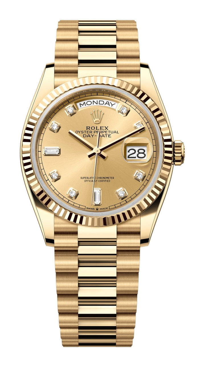 Rolex Yellow Gold Day-Date 36 Watch - Fluted Bezel - Champagne Baguette 6 & 9 Dial - Presidential Bracelet