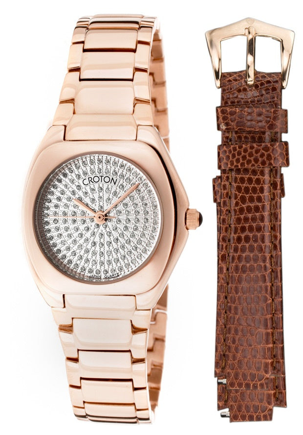 Croton Unisex Rose Gold tone Cushion Case Silvertone Textured Dial Dress Bracele