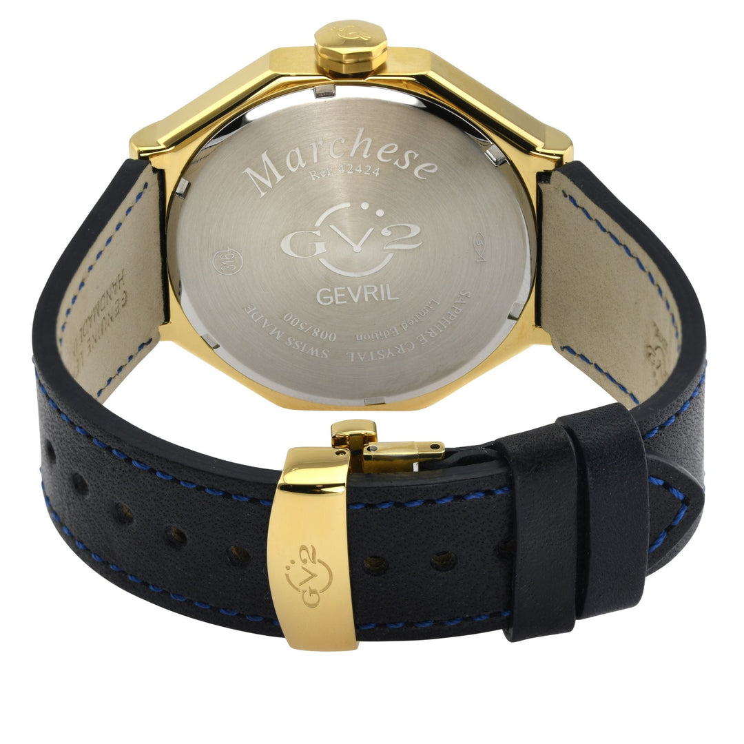 Marchese Swiss Made multifunction IP Gold/Blue,Black with Blue stitching band | 