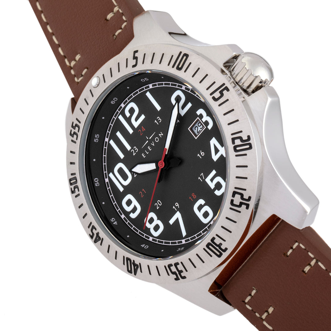 Aviator Leather-Band Watch w/Date Brown/Black | Black Dial