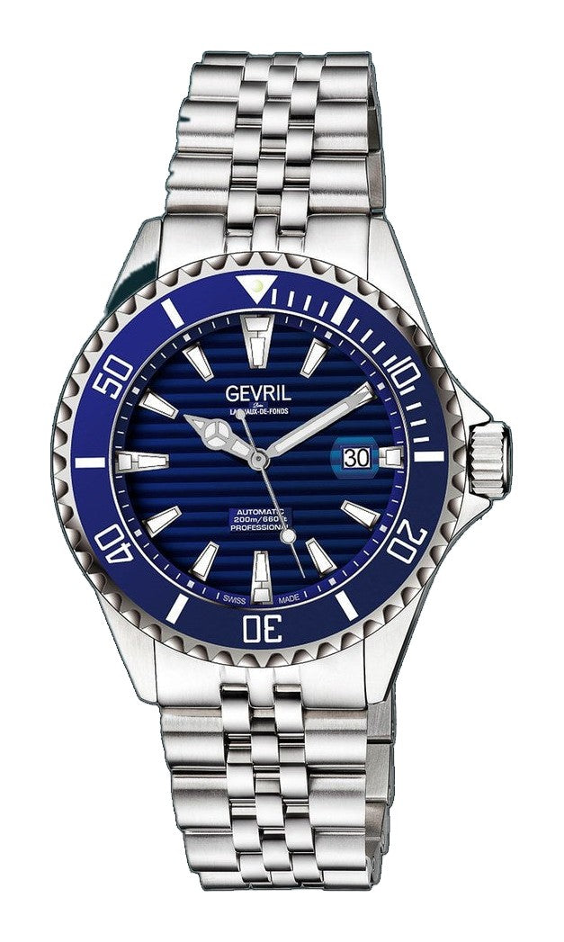 Chambers Gevril Swiss Made Sellita SW200 Ceramic rotation bezel 200 Meter diver watch exhibition caseback blue steel | Blue Dial