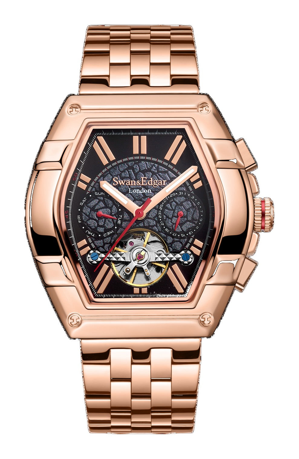 Knight Exhibition Automatic Black Open Exhibition Dial Rose Gold Stainless Steel Bracelet 45mm Black Dial