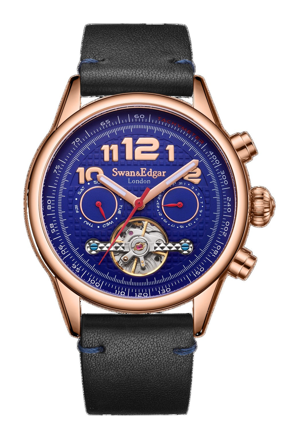 Hasten Automatic Blue Open Exhibition Dial Blue Leather Strap Rose Gold Case 45mm Blue Dial