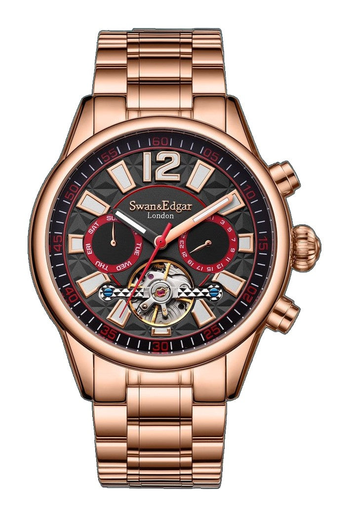 Royal Exhibition Automatic Black Open Exhibition Dial Rose Gold Stainless Steel Bracelet 45mm Black Dial