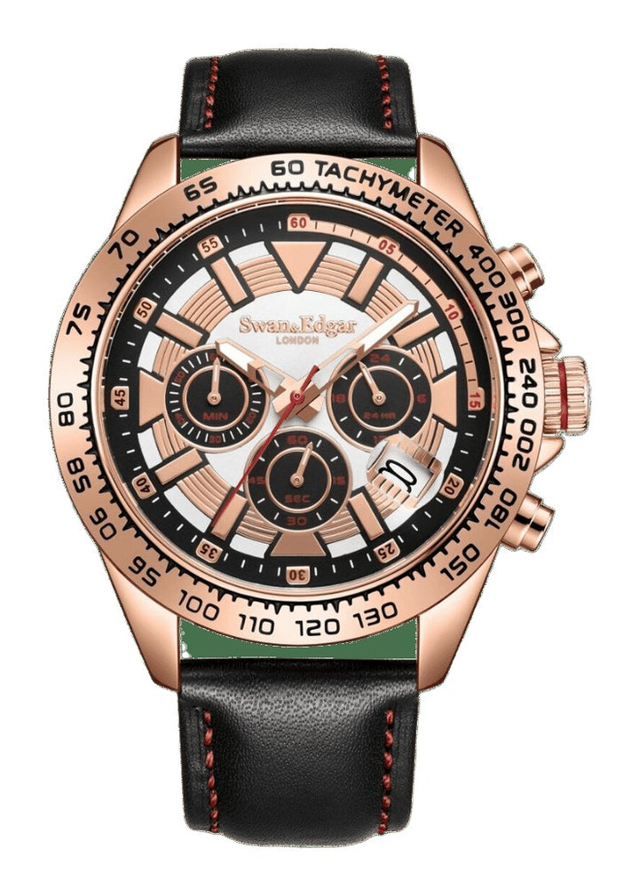 Speed Tracker Mechanical Quartz White Dial Black Leather Strap Rose Case Chronograph 45mm White Dial