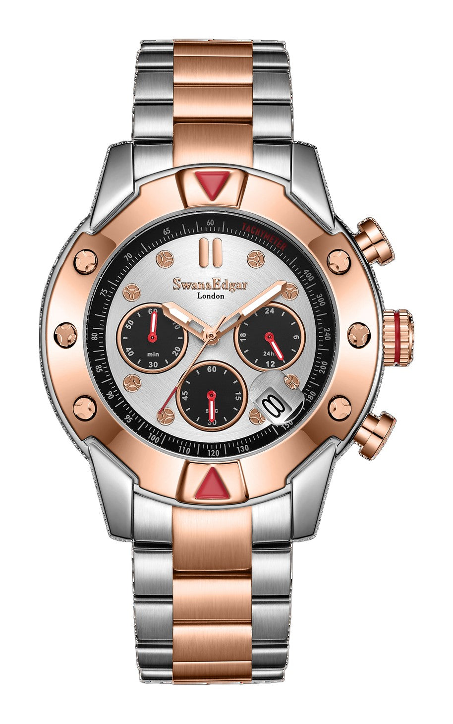 Mechanical Quartz Hybrid Silver Dial Two-Tone Bracelet Steel/Rose Gold Case Chronograph 45mm Silver Dial