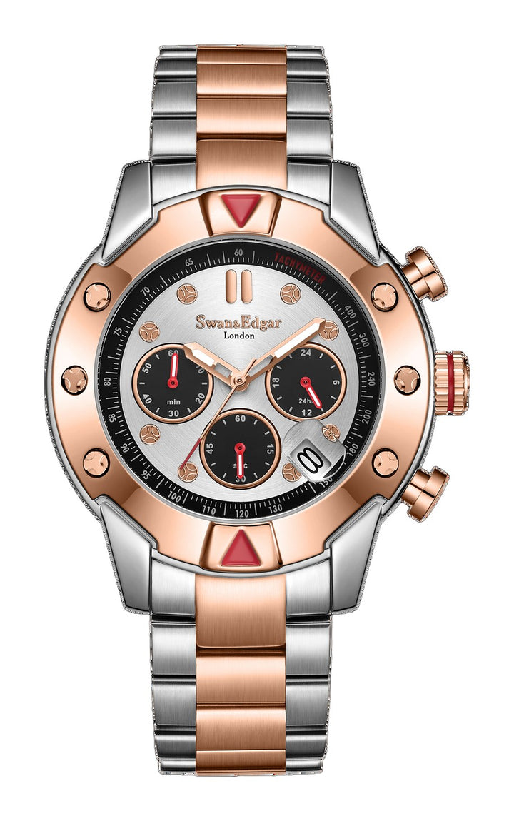 Mechanical Quartz Hybrid Silver Dial Two-Tone Bracelet Steel/Rose Gold Case Chronograph 45mm Silver Dial