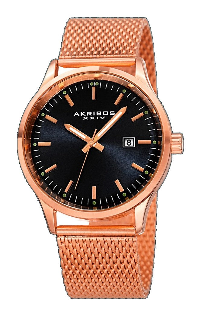 Akribos XXIV AK901RGB Date Display Mesh Bracelet Black Dial Rosetone Mens Watch Rose/Black | Black Dial