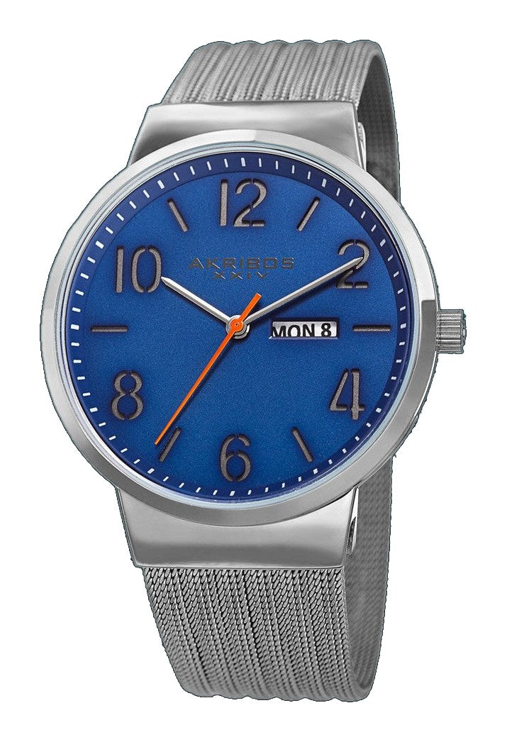Date Silver Tone Stainless Steel Mesh Strap Watch Blue/Silver | Blue Dial