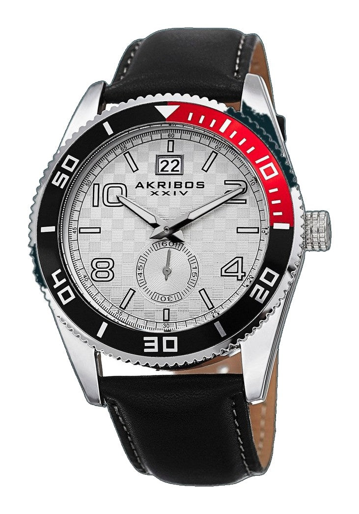 Silver-tone Rotating Bezel Black Leather Watch Silver