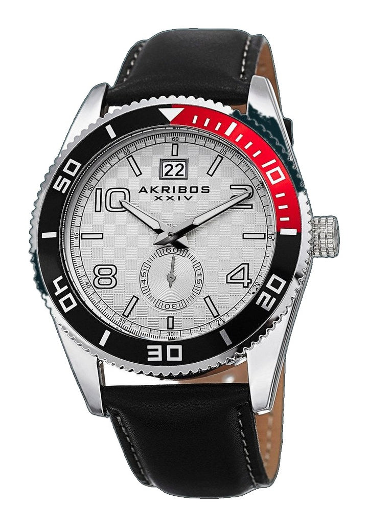 Silver-tone Rotating Bezel Black Leather Watch Silver