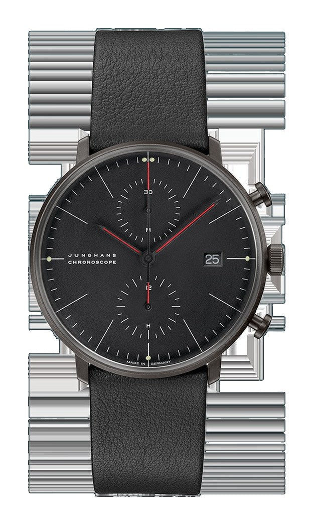 Max Bill Chronoscope Bauhaus Black Dial / Black Leather Strap Black Dial