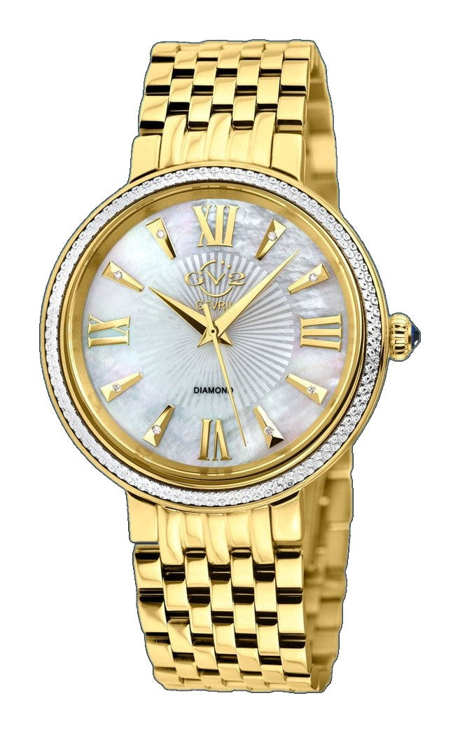 Genoa GV2 Women's Diamond Swiss Quartz Watch, White MOP dial, Diamond Cut Bezel, 8 Diamonds on Dial, IP Gold Bracelet | White Dial