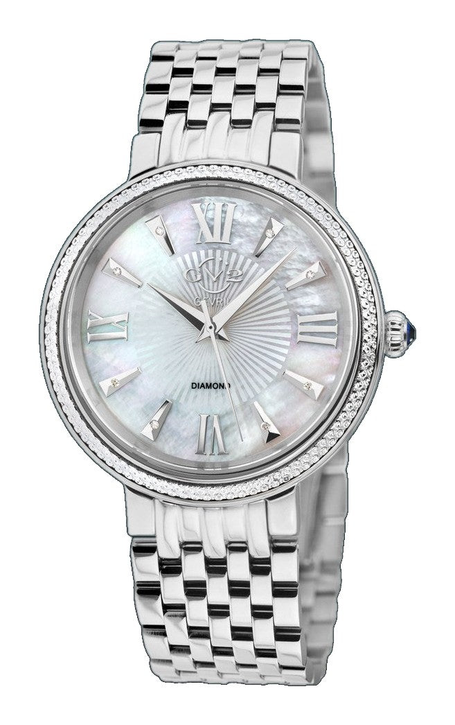 Genoa GV2 Women's Diamond Swiss Quartz Watch, White MOP dial, Diamond Cut Bezel, 8 Diamonds on Dial, Bracelet | White Dial