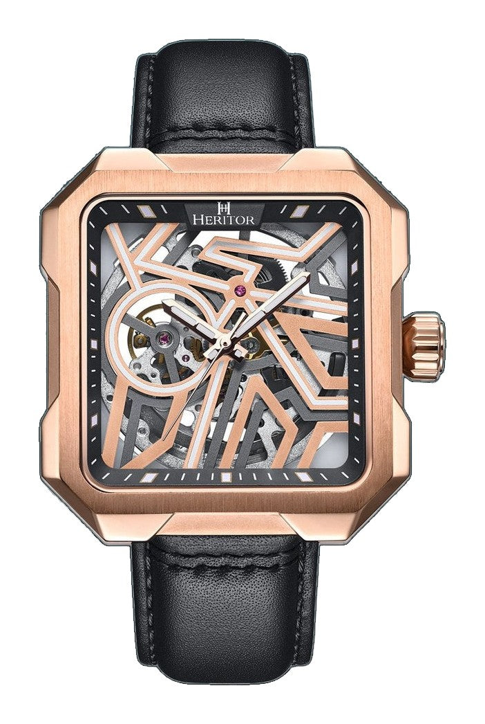 Campbell Leather-Band Skeleton Watch Rose Gold/Black | Rose Gold Dial