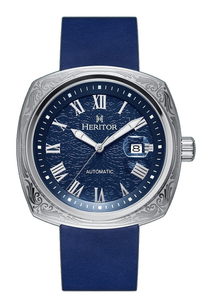 Davenport Engraved-Case Leather-Band Watch w/ Date Silver/Blue | Blue Dial