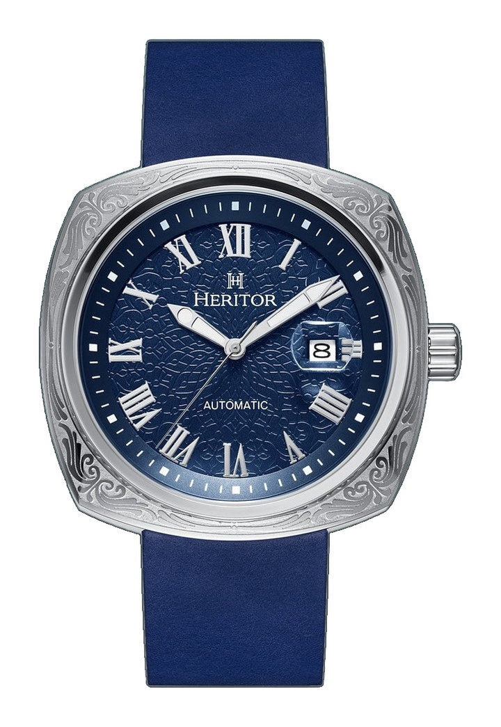 Davenport Engraved-Case Leather-Band Watch w/ Date Silver/Blue | Blue Dial