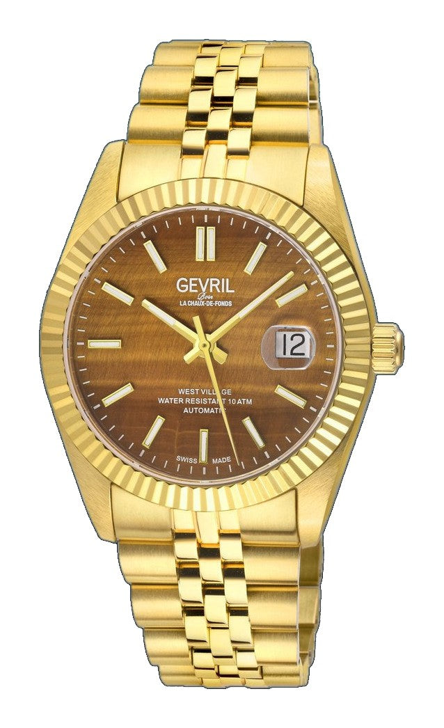 West Village Automatic Gevril Men's Automatic West Village Brown Tiger Eye Dial Stainless Steel Bracelet | Brown Dial