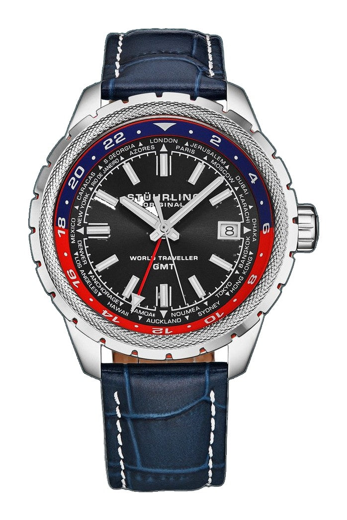 Global Voyager GMT 42mm World Timer Watch Blue/Leather | Black Dial