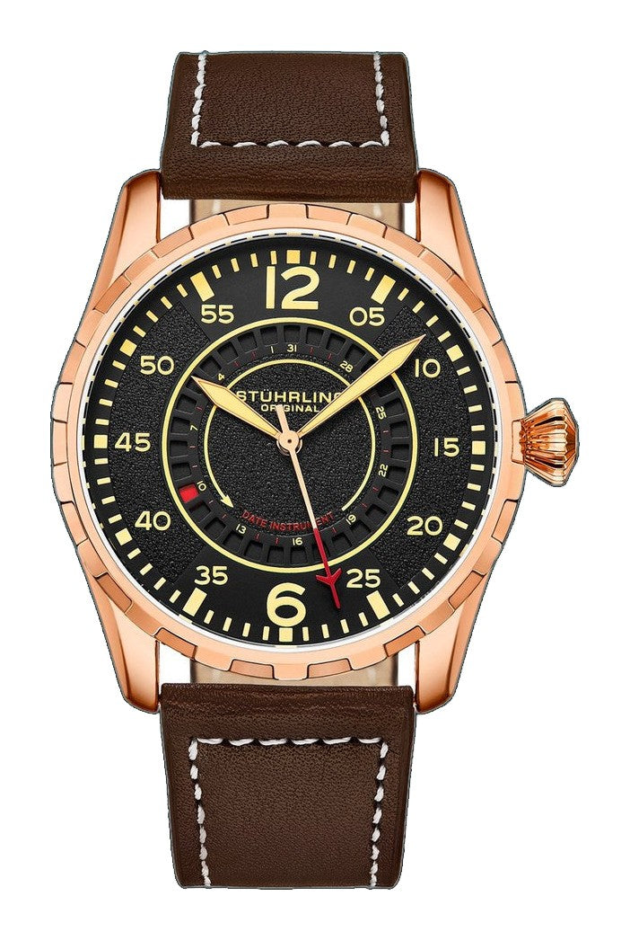 Aviator 4002.5 Rose Gold case/Leather strap/ Brass Dial | Black Dial