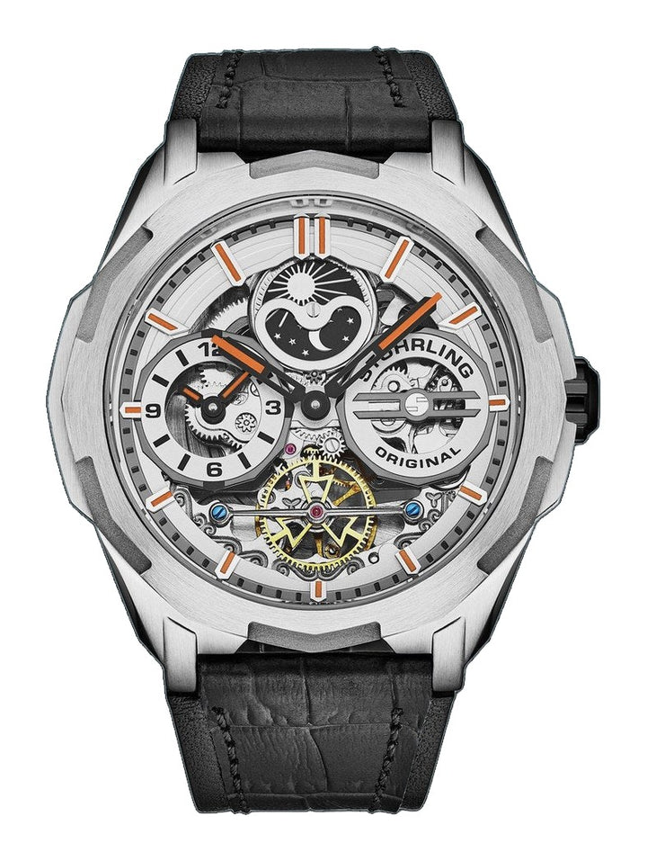 Dual Time Automatic Navigator 46mm Skeleton Silver/Leather | Silver Dial