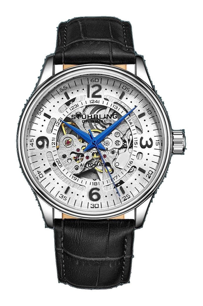 Denmark 3947 Automatic 42mm Skeleton Black/Leather | Silver Dial