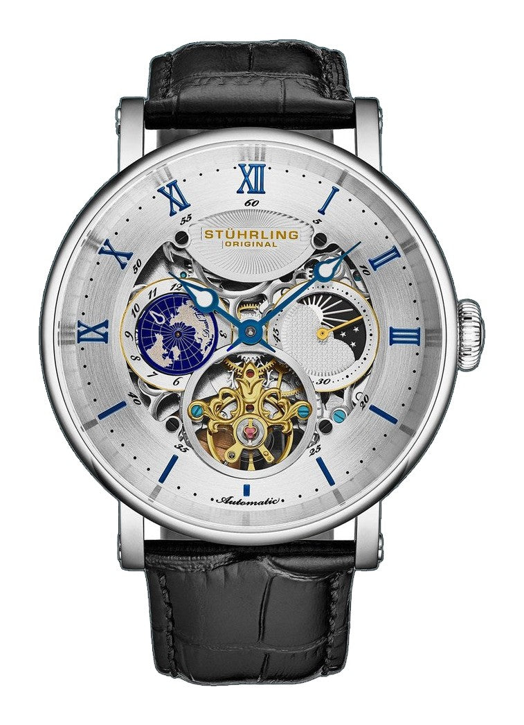 Dual Time Automatic Majestic 47mm Skeleton Black/Silver | White Dial