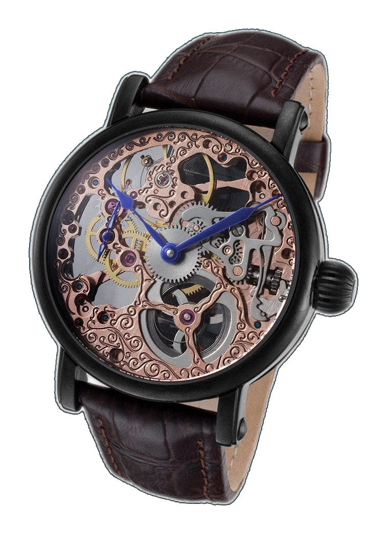 Skeleton Series black leather/rose gold | Gold Dial