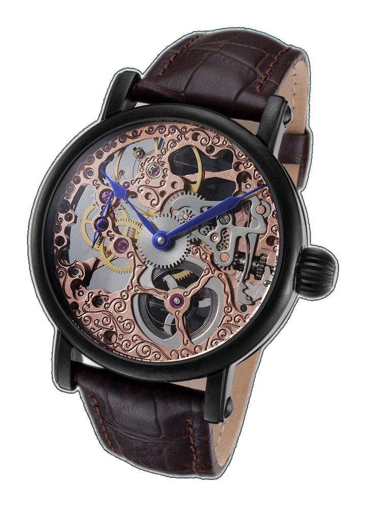 Skeleton Series black leather/rose gold | Gold Dial
