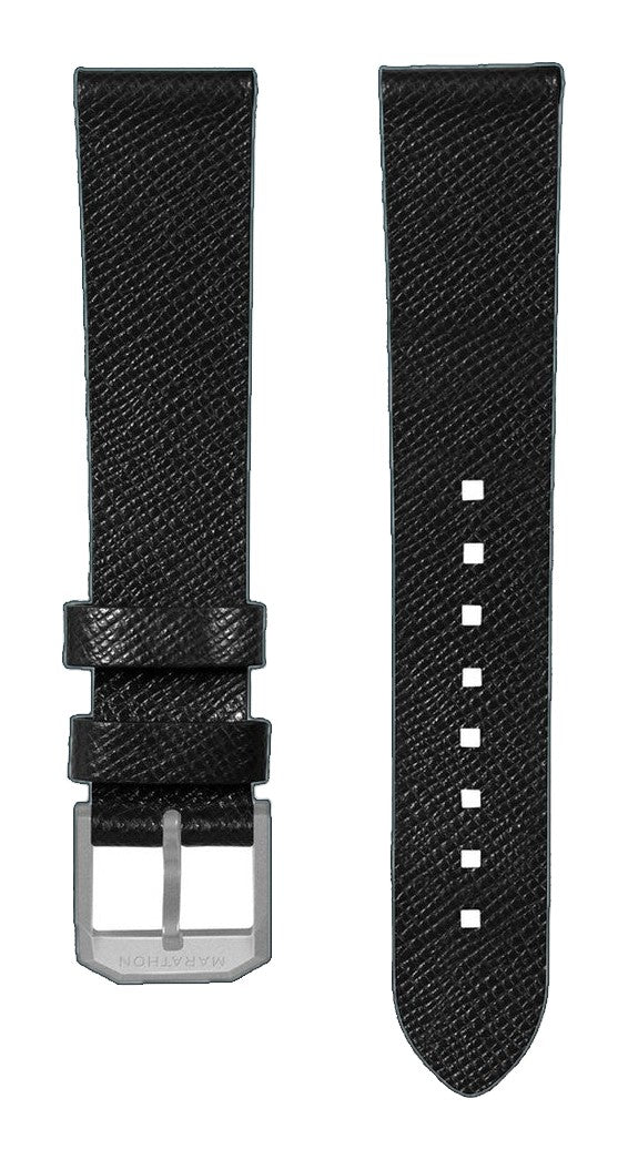STRAP, 20mm, ITALIAN LEATHER, CROSS HATCH, PARKERIZED BUCKLE, BLACK, XL ITALIAN LEATHER, CROSS HATCH