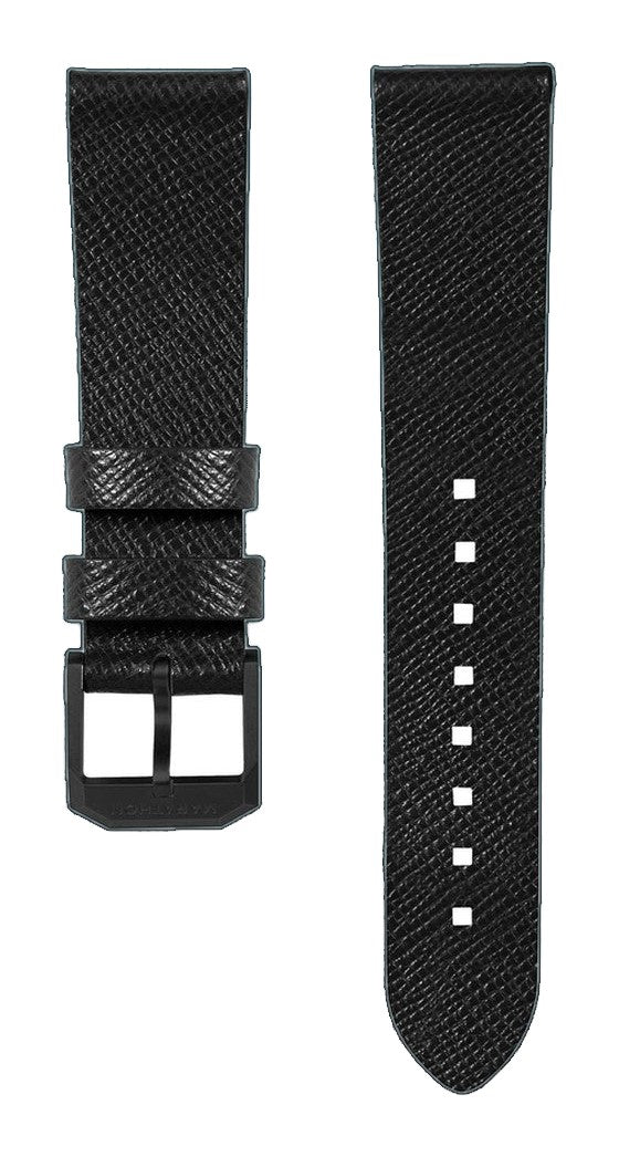 STRAP, 20mm, ITALIAN LEATHER, CROSS HATCH, IP BLACK BUCKLE, BLACK, STANDARD ITALIAN LEATHER, CROSS HATCH