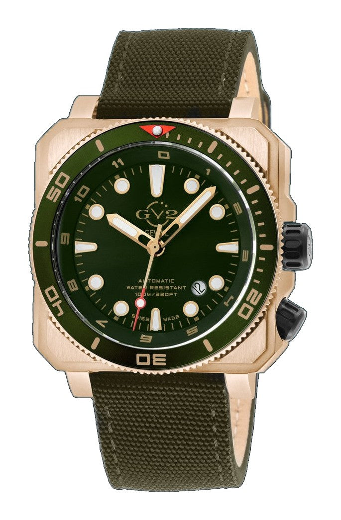 XO small Swiss Made SW200  inner and outer rotating bezel, metal band  olive  Black | Green Dial